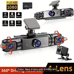 4-Lens 1080P Car DVR Dash Camera - Black (Includes 64GB Card)